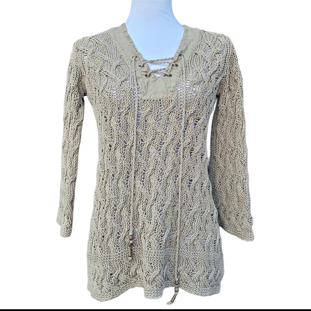Tommy Bahama Linen Cotton Open Knit Vneck Sweater Boho Beach Top Size S Bead Tie